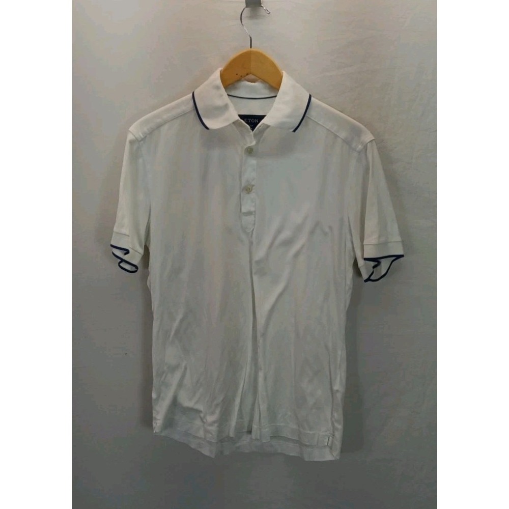 Eton Polo Shirt Mens M Slim White Blue Tip Short Sleeve Casual Cotton Jersey